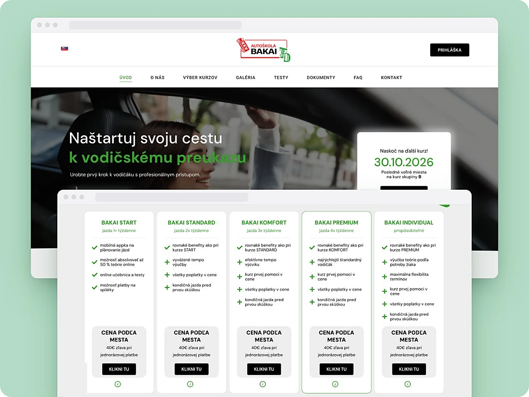 Autoškola Peter Bakai website with an overview of course packages